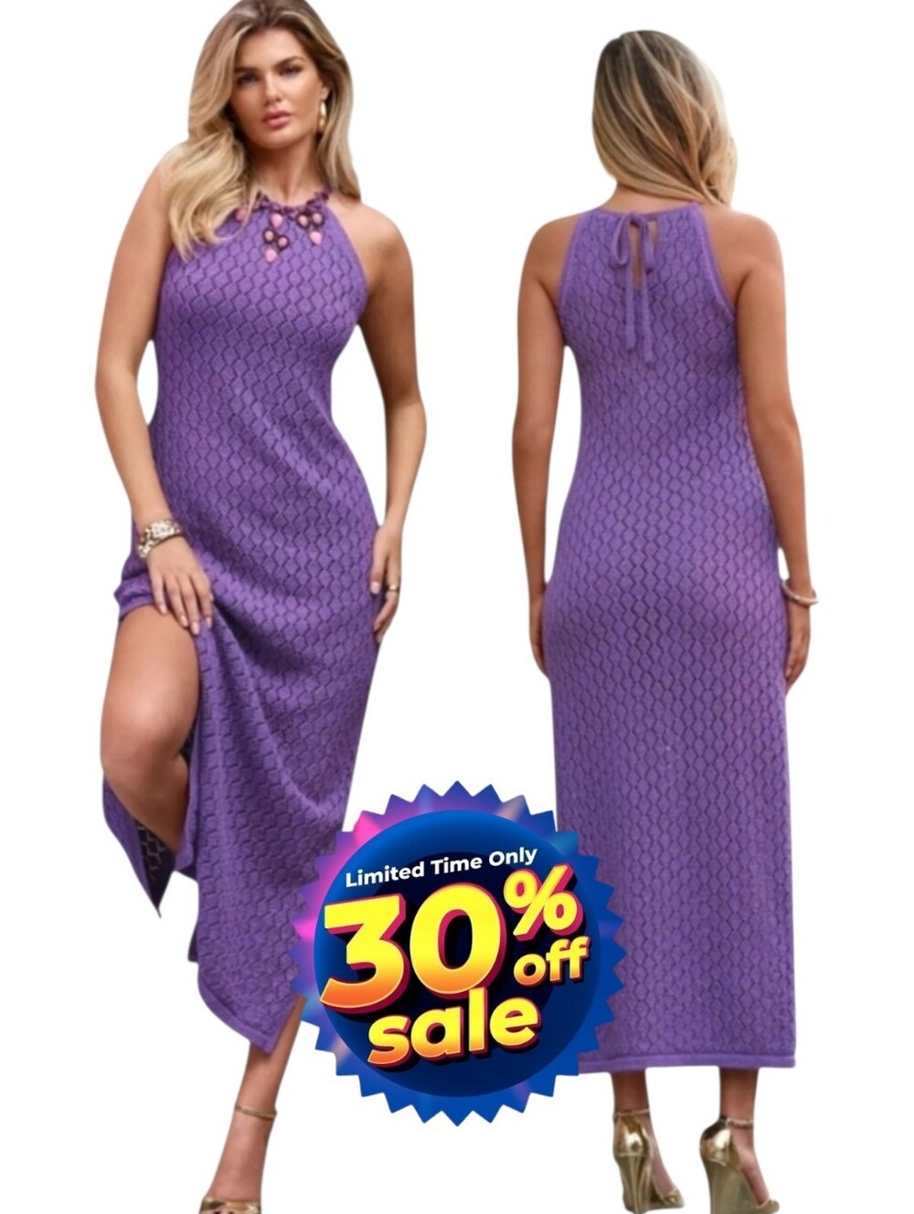 Boston Proper Multi Color Crystal Trim Crochet Halter Dress Purple M